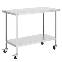 Stainless Steel Work Table 24 X 48 X 38 Inch, With 4 Wheels, 3 Adjustable Height Levels, Heavy Duty Food Prep Worktable For Commercial Kitchen Restaurant, Silver