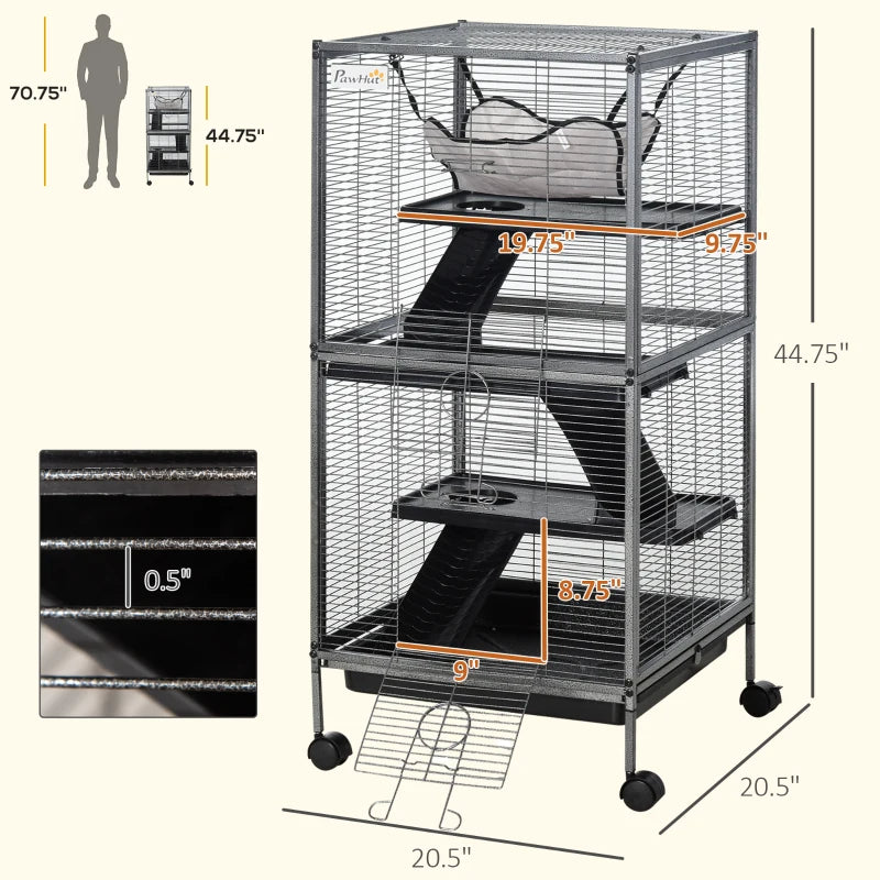 PawHut Metal Small Animal Cage Rolling Big Ferret Cage, Chinchilla Cage, Sugar Glider Cage, With Hammock & 4 Tiers, Removable Tray, Gray
