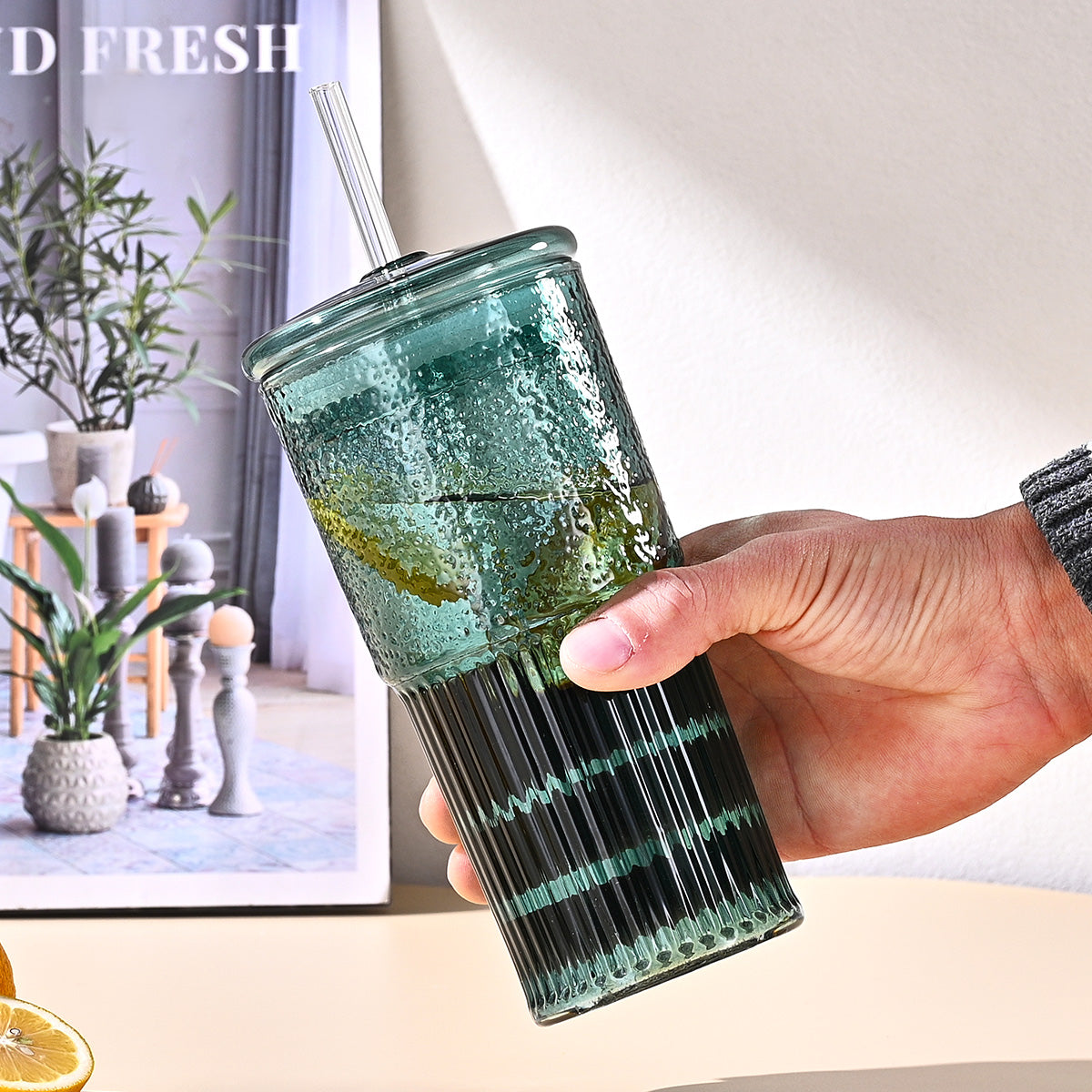 20 Oz 2-pack Glass Straw Cup With Vertical Pattern Cup And Lid, High Borosilicate Heat-resistant Glass Cup For Juice, Milk And Cold Drinks