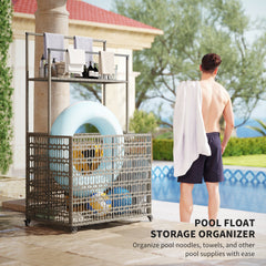 Pool Float Storage Organizer,  Rattan Pool Float Holder With Basket Shelf Towel Bars, Rolling Pool Caddy For Floaties, Noodles, Life Vests, Beach Balls, Mixed-Gray