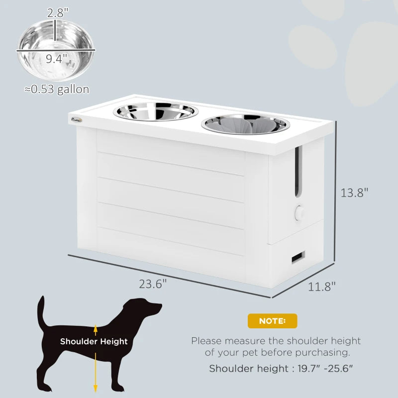 PawHut Elevated Dog Bowls With Slow Feeder Mat, Storage Cabinet, 3 Stainless Steel Bowls For Large & Extra Large Dogs, White