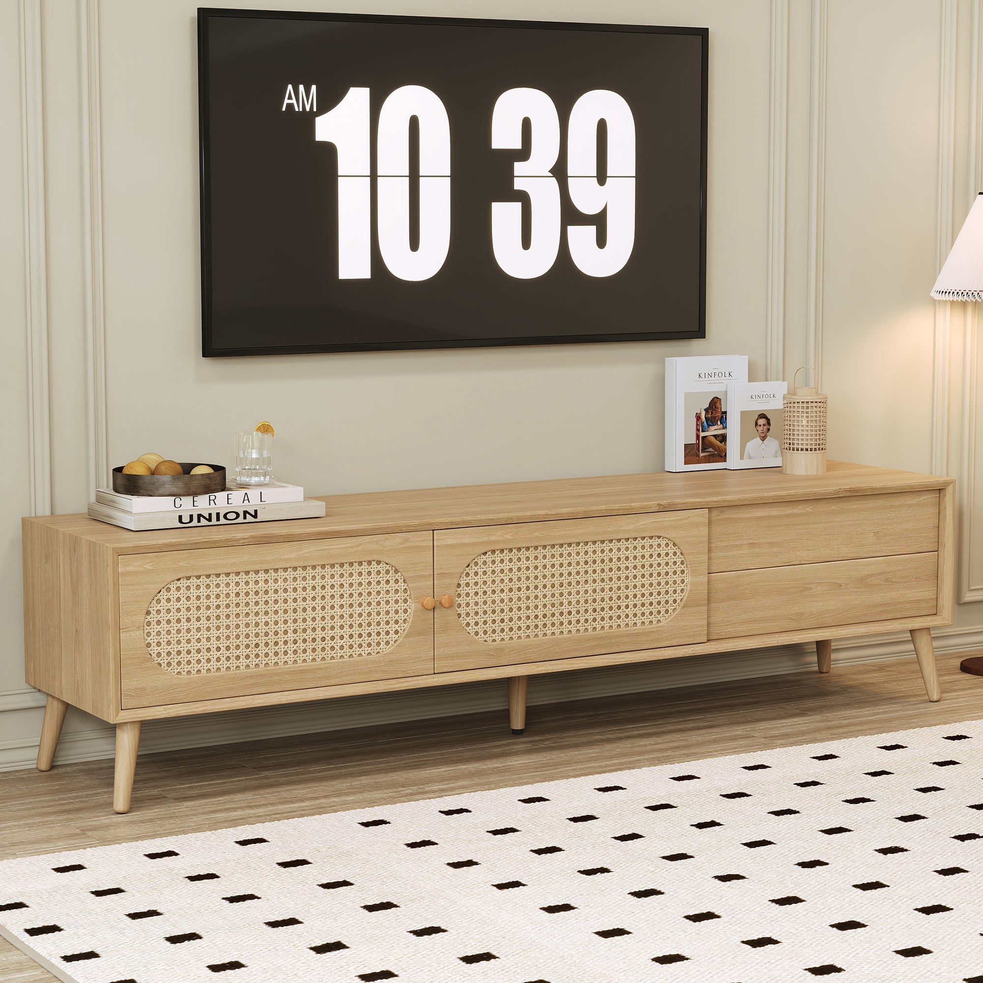 Boho TV Stand For TVs Up To 80'' , Modern Farmhouse Media Console, Entertainment Center With Solid Wood Legs, TV Cabinet For Living Room, Home Theatre
