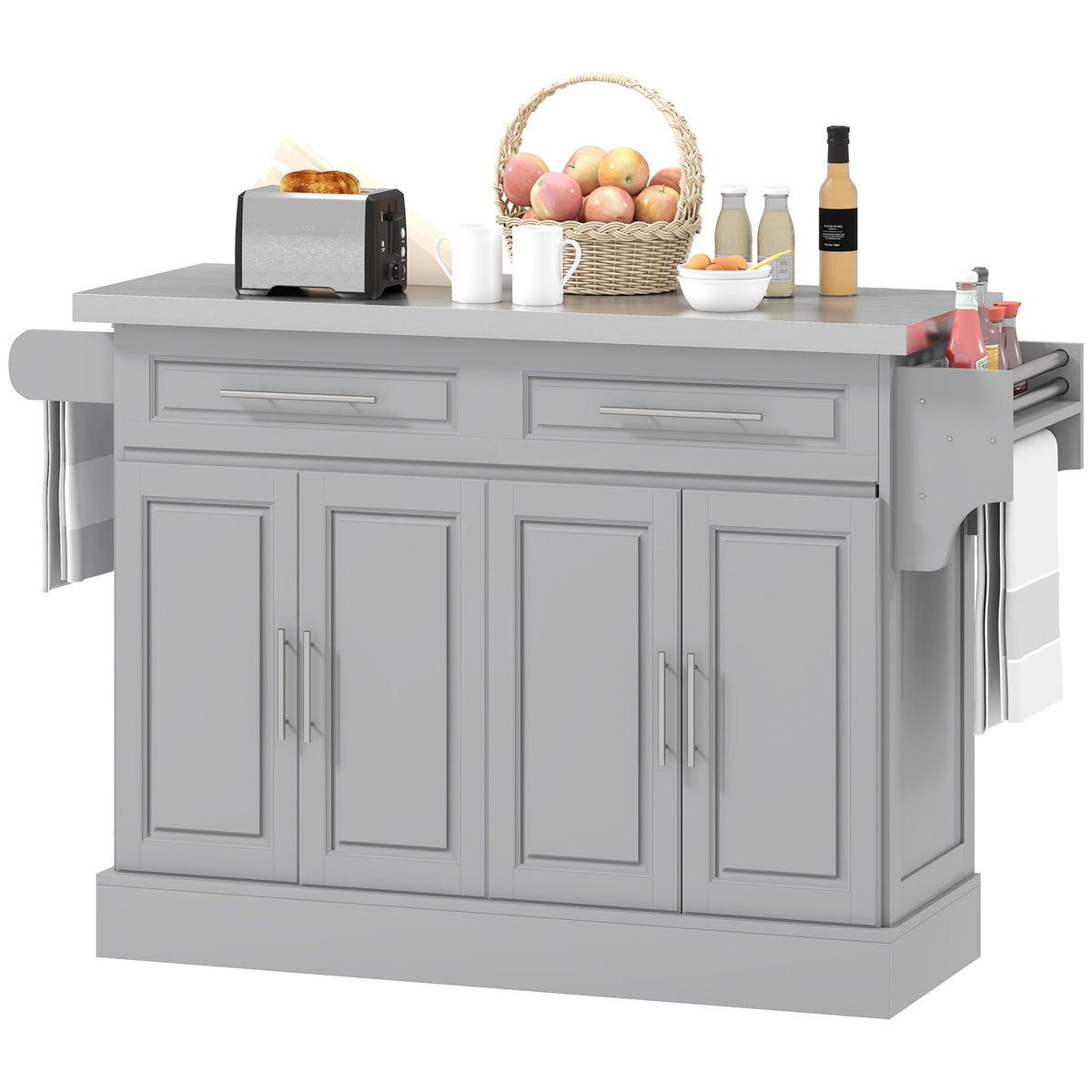 Rolling Kitchen Island Cart with Wheels, Portable Island Table for Kitchen with Stainless Steel Top, Adjustable Shelves, 2 Drawers, Spice, Knife and Towel Rack, Gray