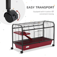 PawHut 41L Small Animal Cage, Pet Play House For Rabbit Hutch Ferret With Feeder, Rolling Wheels, Platform, Ramp