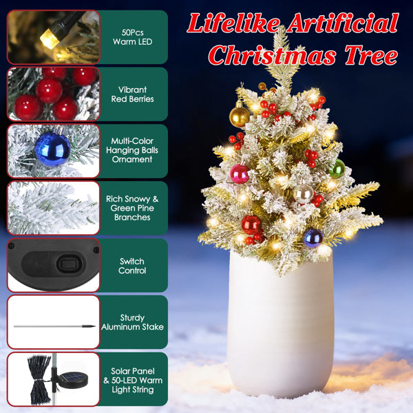 2PCS 50 LED Solar Artificial Christmas Tree - Lifelike Design With 2 Lighting Modes, 600mAh Battery 4H Fast Charge, IP44 Waterproof Holiday Decoration With Red Berries/Decor Balls