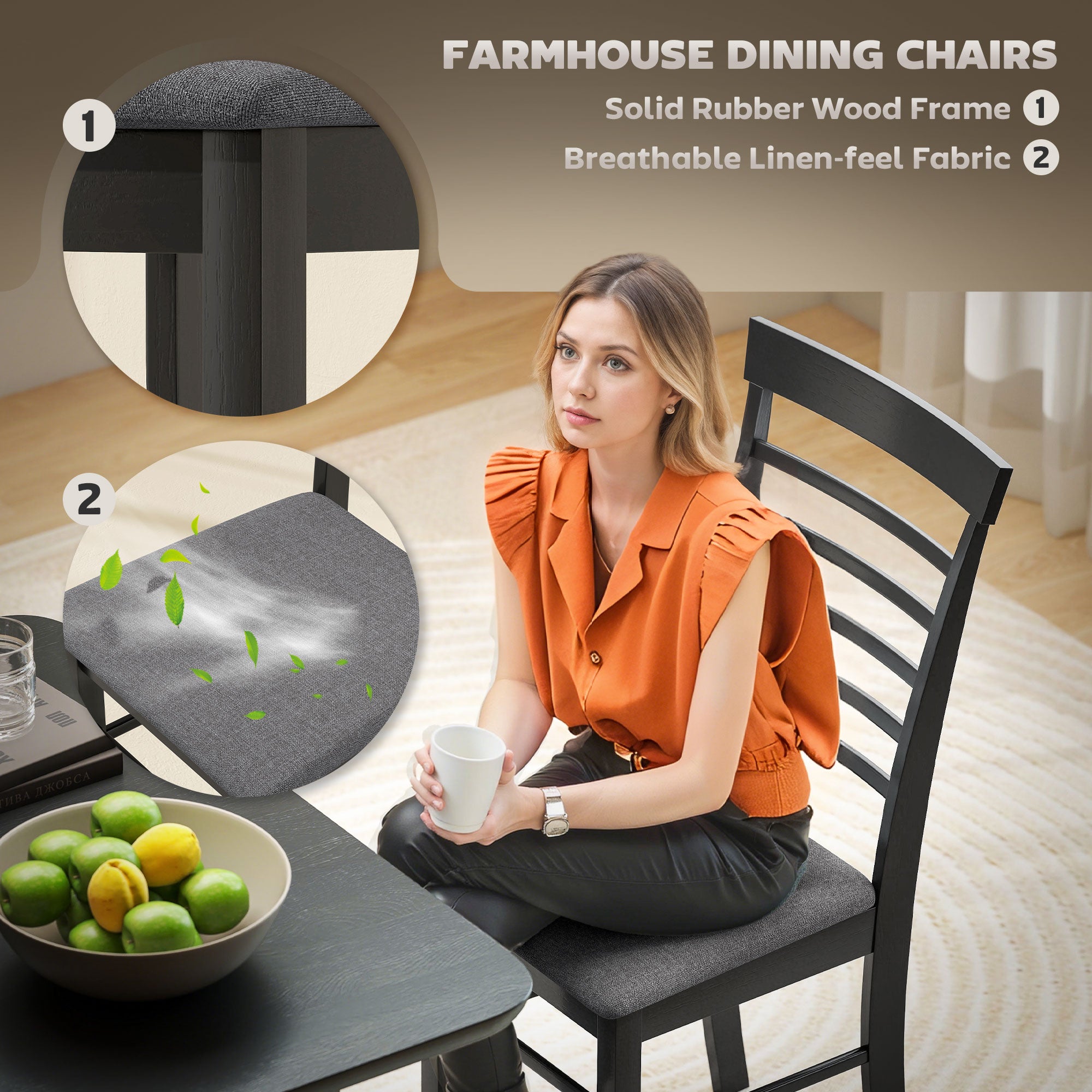 Wooden Dining Chairs Set of 4, Farmhouse Upholstered Kitchen Chairs with Rubber Wood Frame, Black and Gray