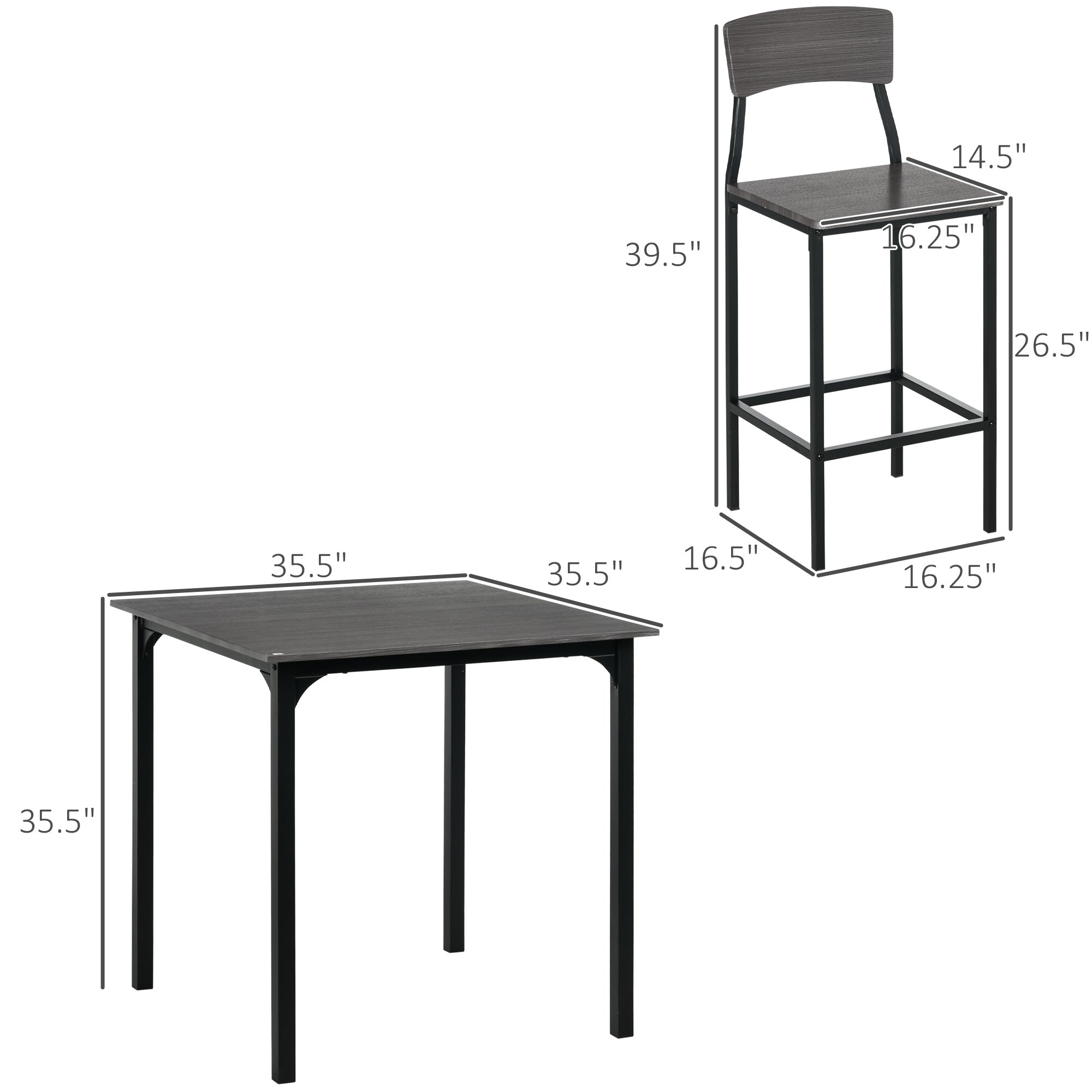 5-Piece Counter Height Bar Table with Space-Saving Design, Square Kitchen Table and Chairs Set with Footrest, Metal Legs, Industrial Dining Table Set for 4, Gray