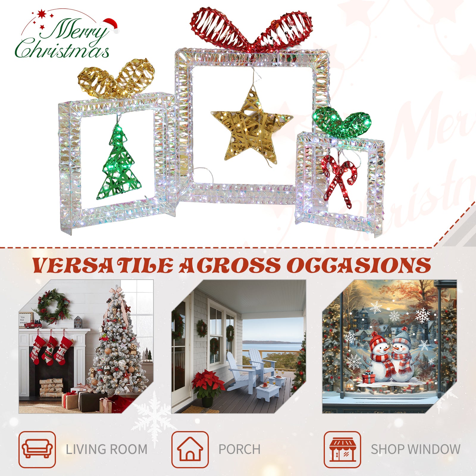 Set Of 3 Lighted Iridescent Cut-out Gift Box Christmas Decorations, Pre-lit Holiday Decor With 357 White LED Lights For Xmas Outdoor Indoor Decor Lighted Holiday Displays