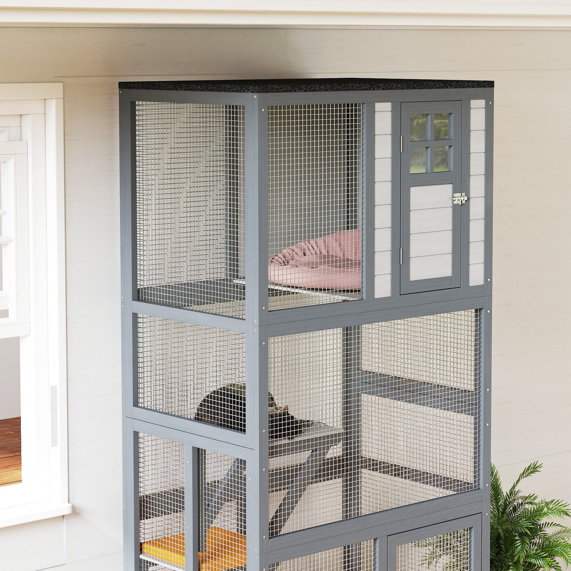 74" Wooden Outdoor Cat House Catio with High Weight Capacity, Cat Cage Condo, Dark Gray