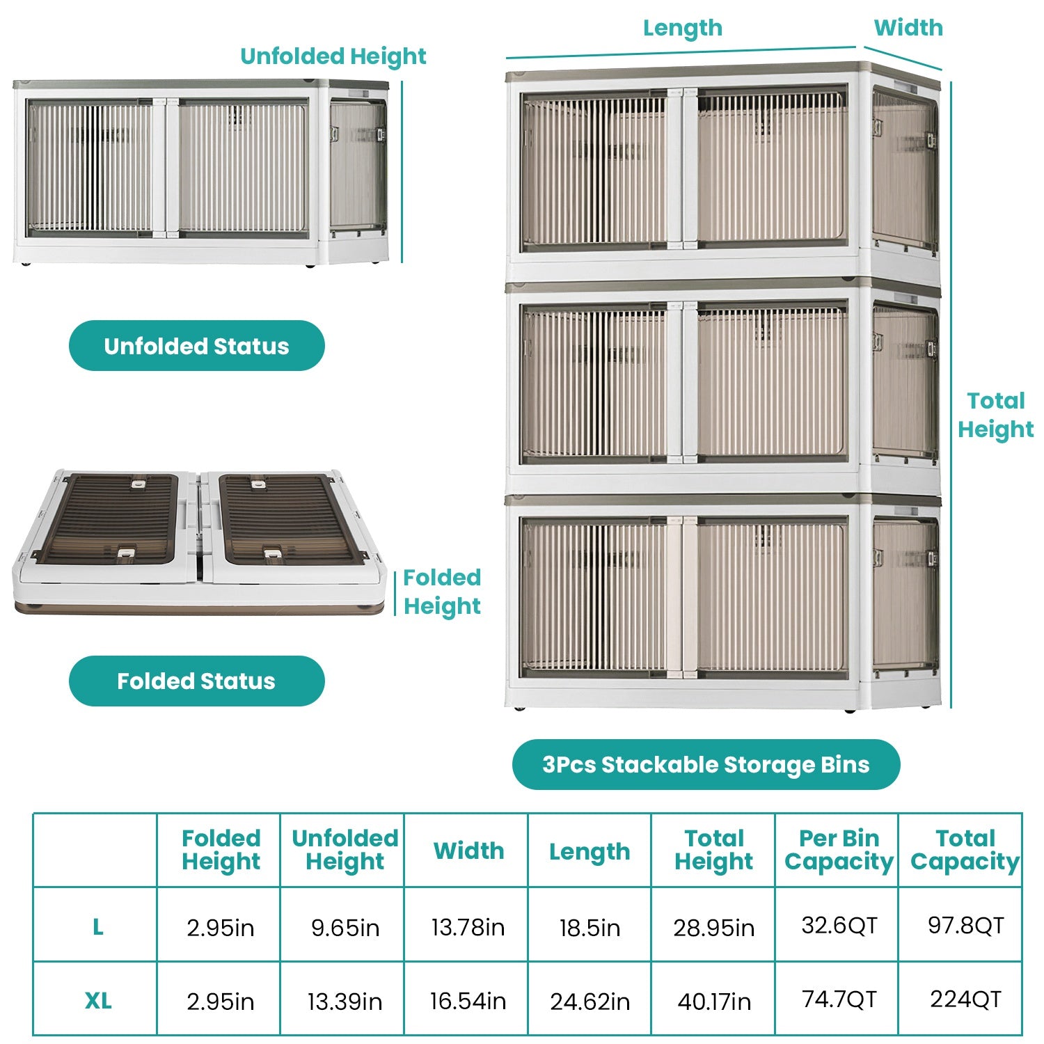 3Pcs Foldable Storage Bins With Lid 4 Doors Collapsible Stackable Closet Organizer Containers With Lock 4Pcs Wheels