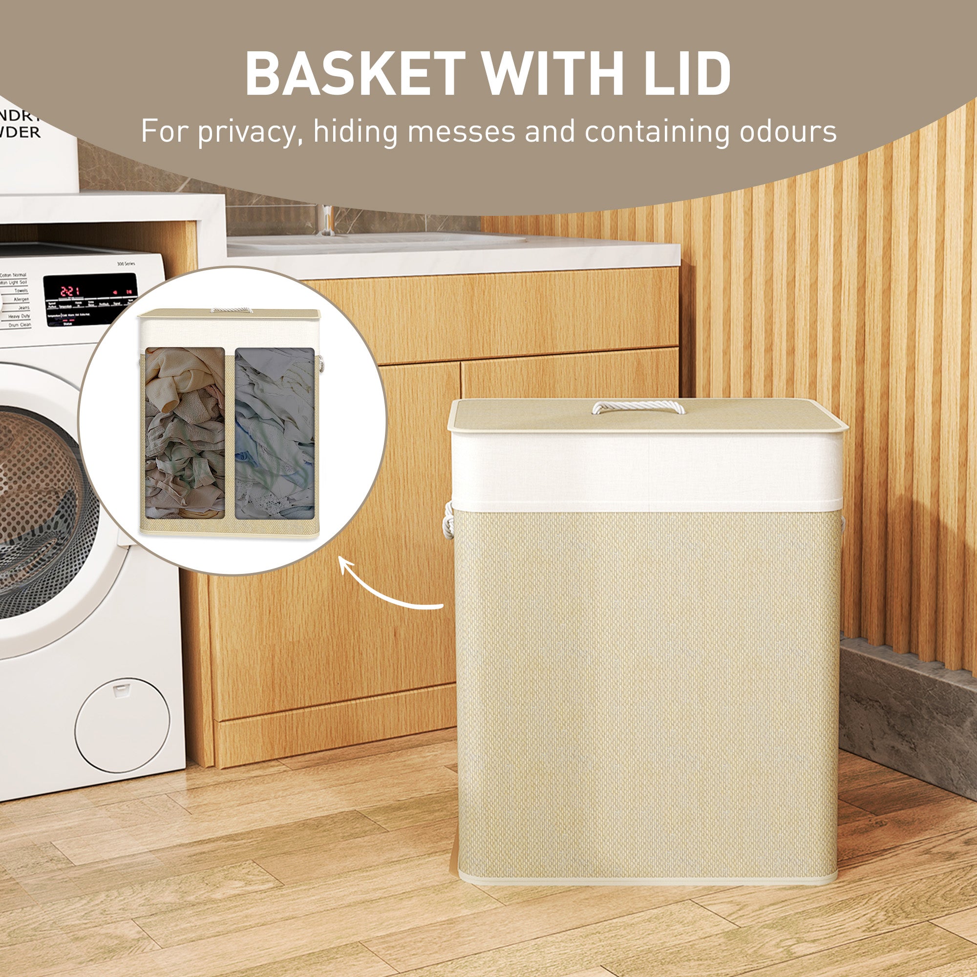 Double Laundry Basket With Lid, 26.4 Gallon Bamboo Laundry Hamper With Rope Handles And Removable Liner, Natural