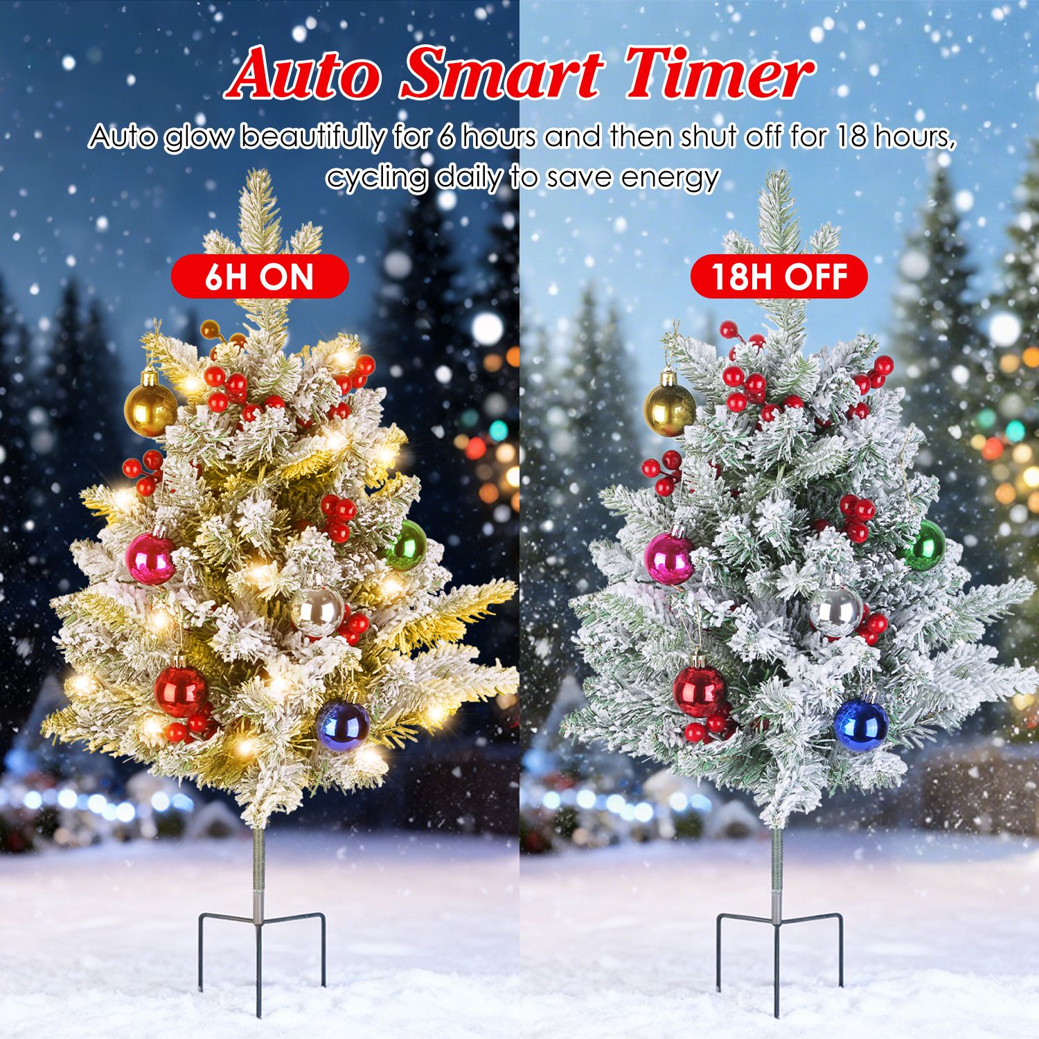 2Pcs Solar Powered Lighted Christmas Tree Urn Filler With Light Artificial Xmas Trees Light With Berries Decor Balls