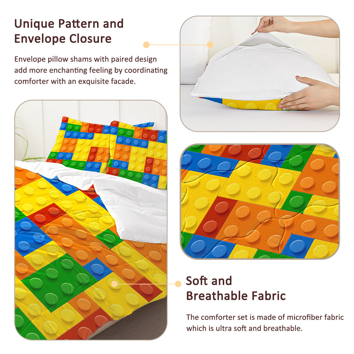 3pcs Funny Dot Building Blocks Comforter Set Colorful Bricks Thin Bedding Duvet Game Summer Quilt Set Twin Full Size