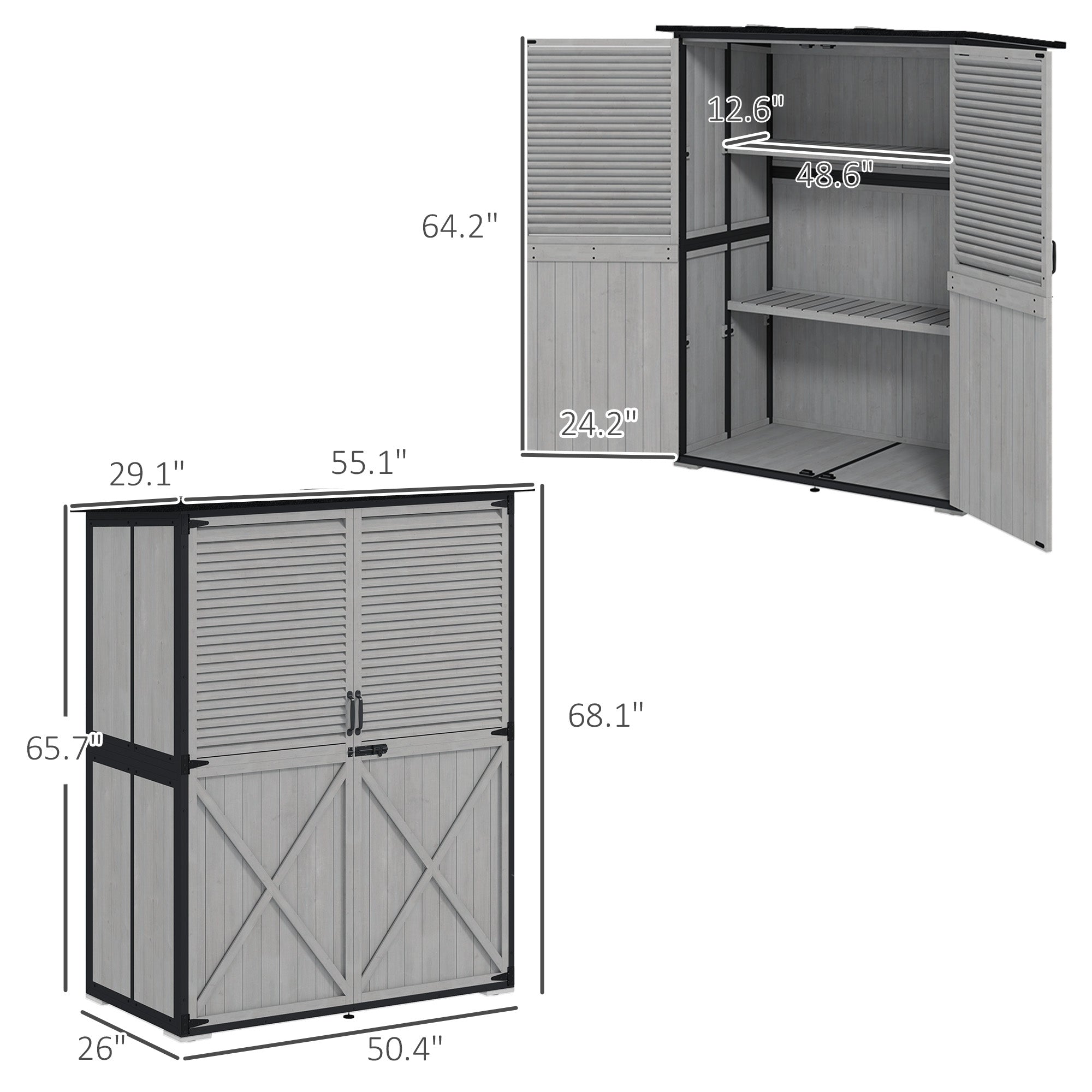Wood Storage Shed, Outdoor Garden Shed With Asphalt Roof, 2 Shelves, Lockable Doors And Adjustable Feet, Gray