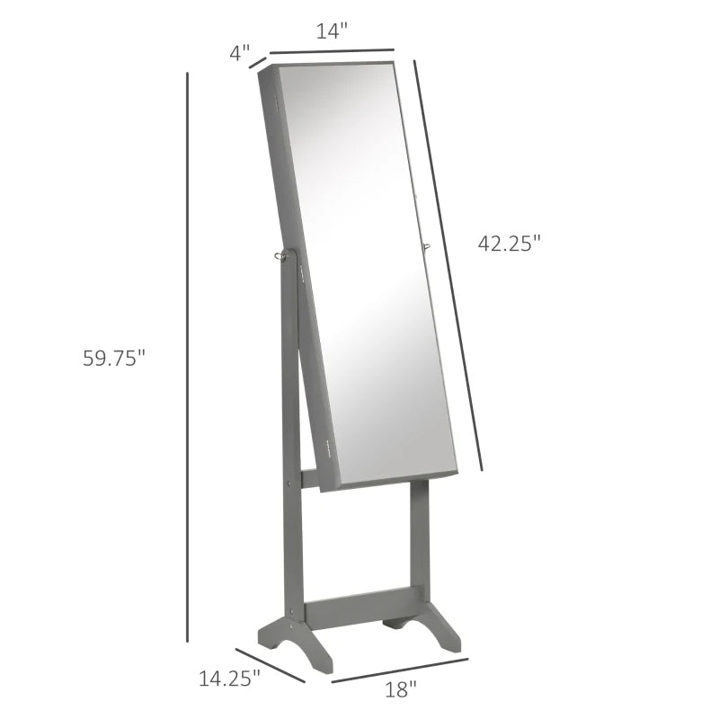Full-Length Mirror Jewelry Storage Armoire W Lockable Door & Key, Gray