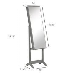 Full-Length Mirror Jewelry Storage Armoire W Lockable Door & Key, Gray