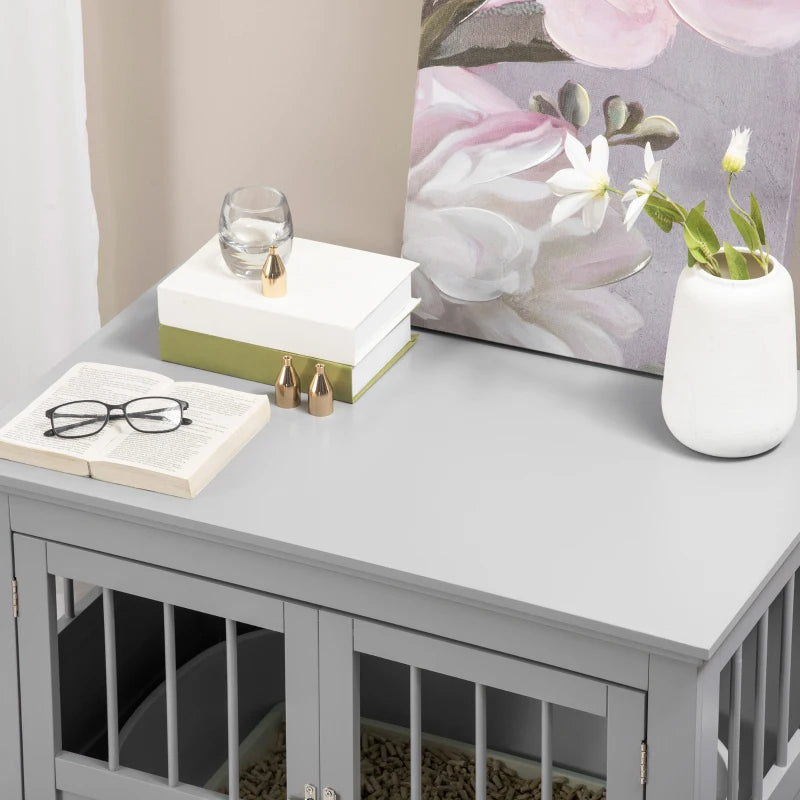 PawHut Wooden Dog Crate End Table, Dog Crate Furniture With Triple Doors, Puppy Crate For Small Dogs Indoor Use, Dark Gray