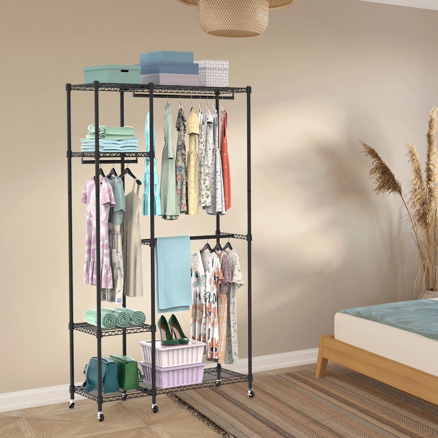 1Pc 4 Tier Heavy Duty Garment Rack With Wheels Carbon Steel Clothing Rack Portable Wardrobe Clothes Rack With 3 Hanging Rods 6 Footrests 44.9x17.13x77.95in