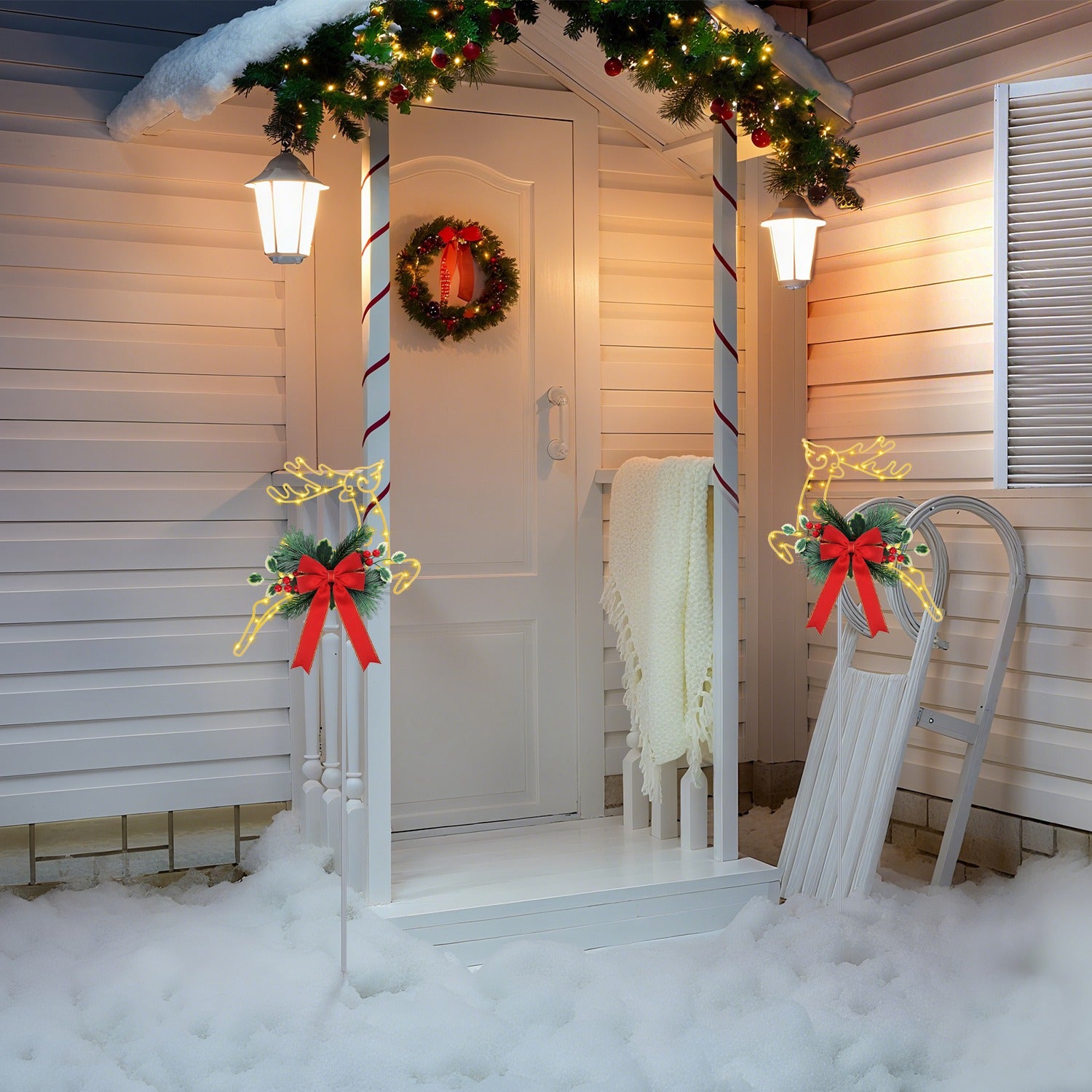 2Pcs Christmas Lighted Reindeer Decoration LED Pathway Stake Lights Battery Powered For Outdoor Garden Lawn Porch Front Door Patio Holiday Decor