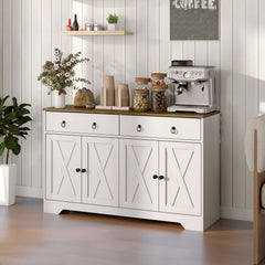 Kitchen Storage Sideboard, Farmhouse Buffet Cabinet with Barn Style Doors, Drawers, Adjustable Shelves, White