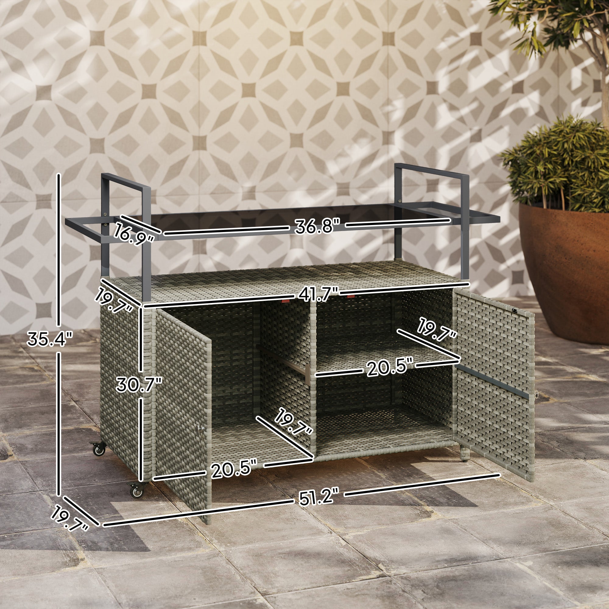 2-Tier Shelf PE Rattan Outdoor Bar Table, Glass Top Outdoor Serving Cart With Cabinet, Mixed Gray