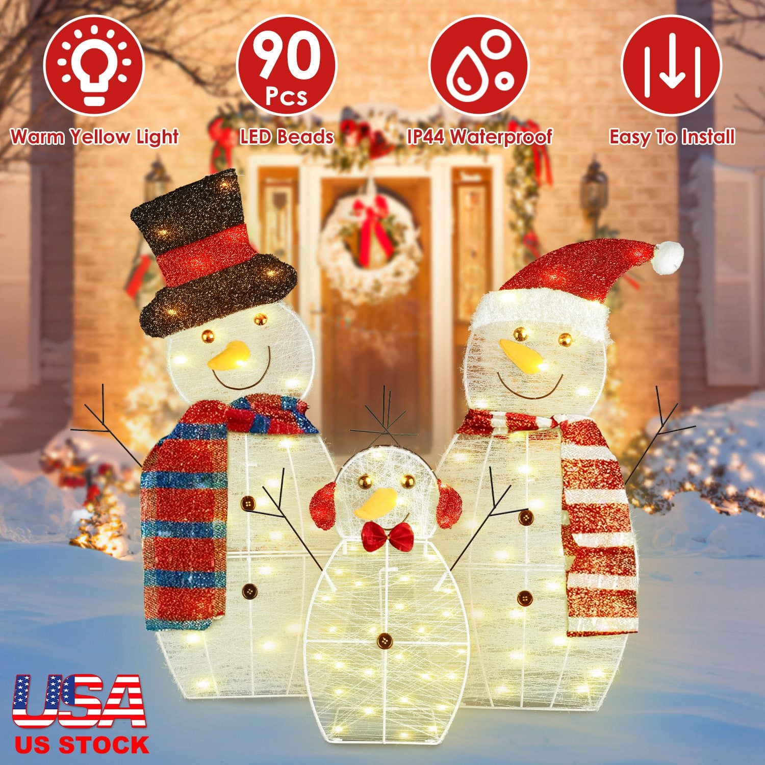 3Pcs 2D Christmas Snowman Yard Decoration Snowman Family Outdoor Decoration With 90Pcs LED Warm Yellow Lights 8 Lighting Modes IP44 Waterproof For Christmas Holiday Display