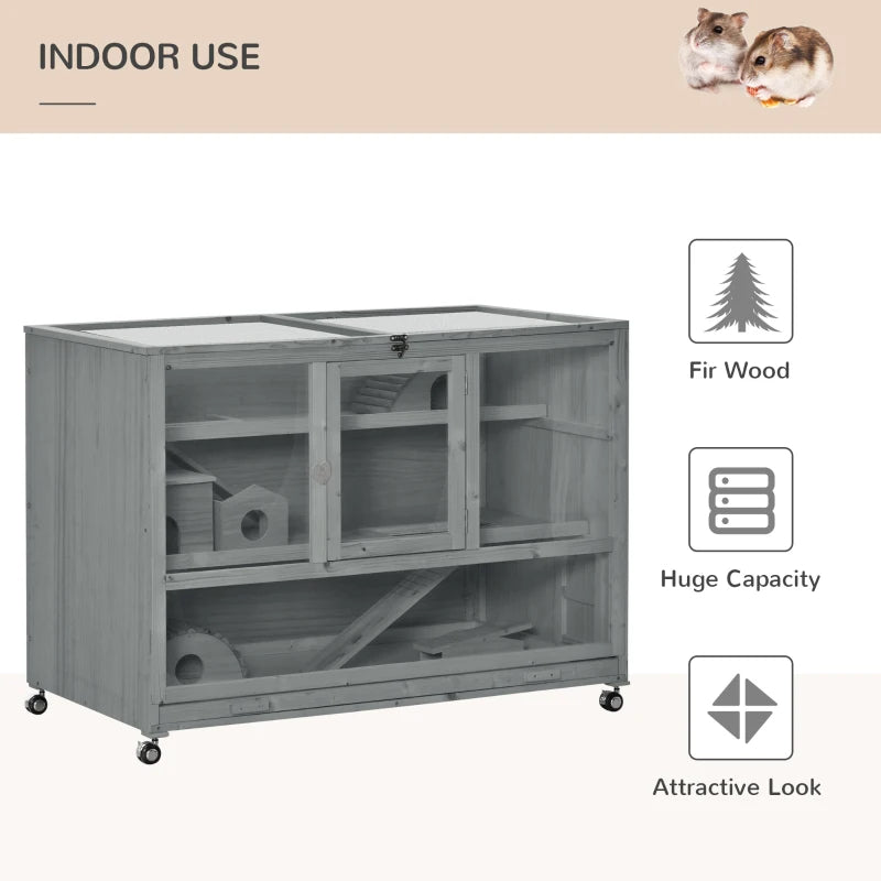 PawHut Wooden 3-Tier Hamster Cage Hutch Box With Ladder Wheels For Small Animals, Dark Gray