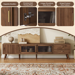 76 Modern Minimal Glass-Doors TV Stand For TVs Up To 85 Inches, Wood-Grain Entertainment Center With Storage Cabinets, TV Media Console Table For Living Room, Bedroom