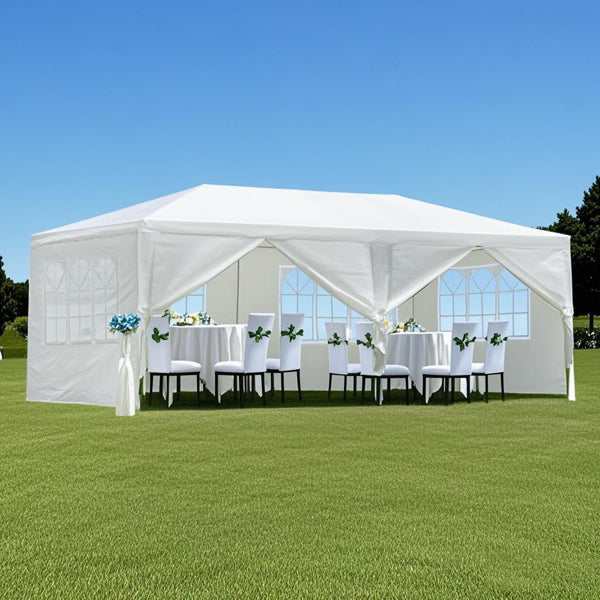 10 & 20ft - 3X6M White 6-sided - 4 Windows Outdoor Garden Pavilion, Wedding Party Tent, Rain Shelter, Parking Shed, Advertising Tent, With 6 Detachable Side Walls