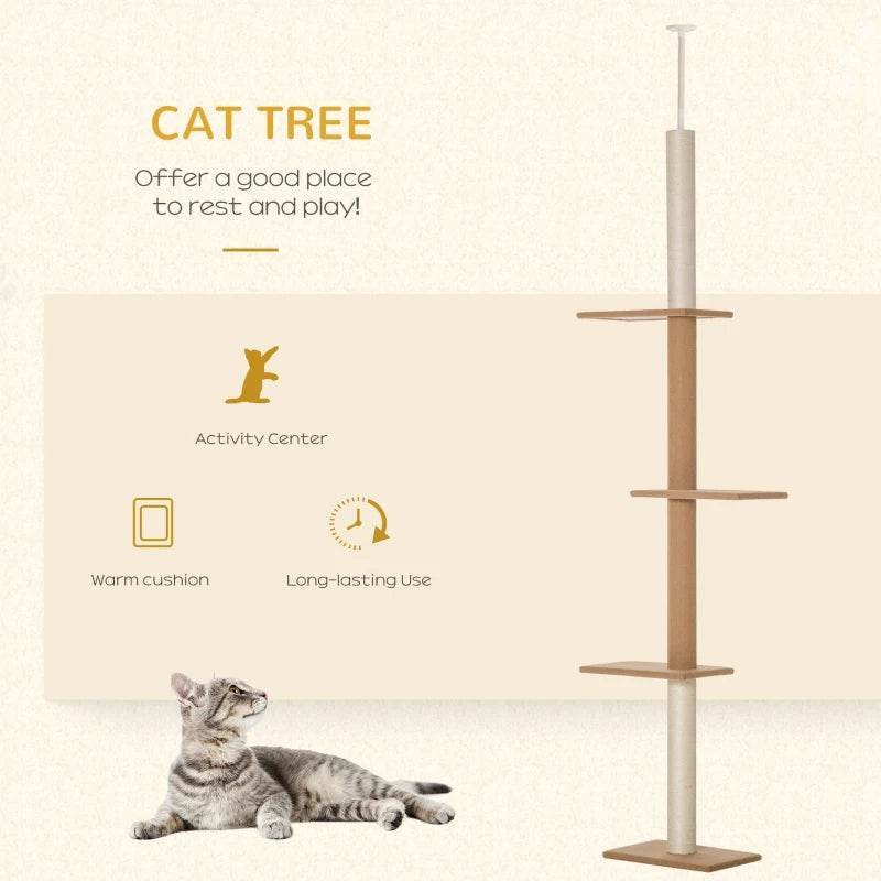 Floor-to-Ceiling Cat Tree Cat Climbing Tower With Sisal-Covered Scratching Posts Natural Cat Tree Activity Center For Kittens Cat Tower Furniture