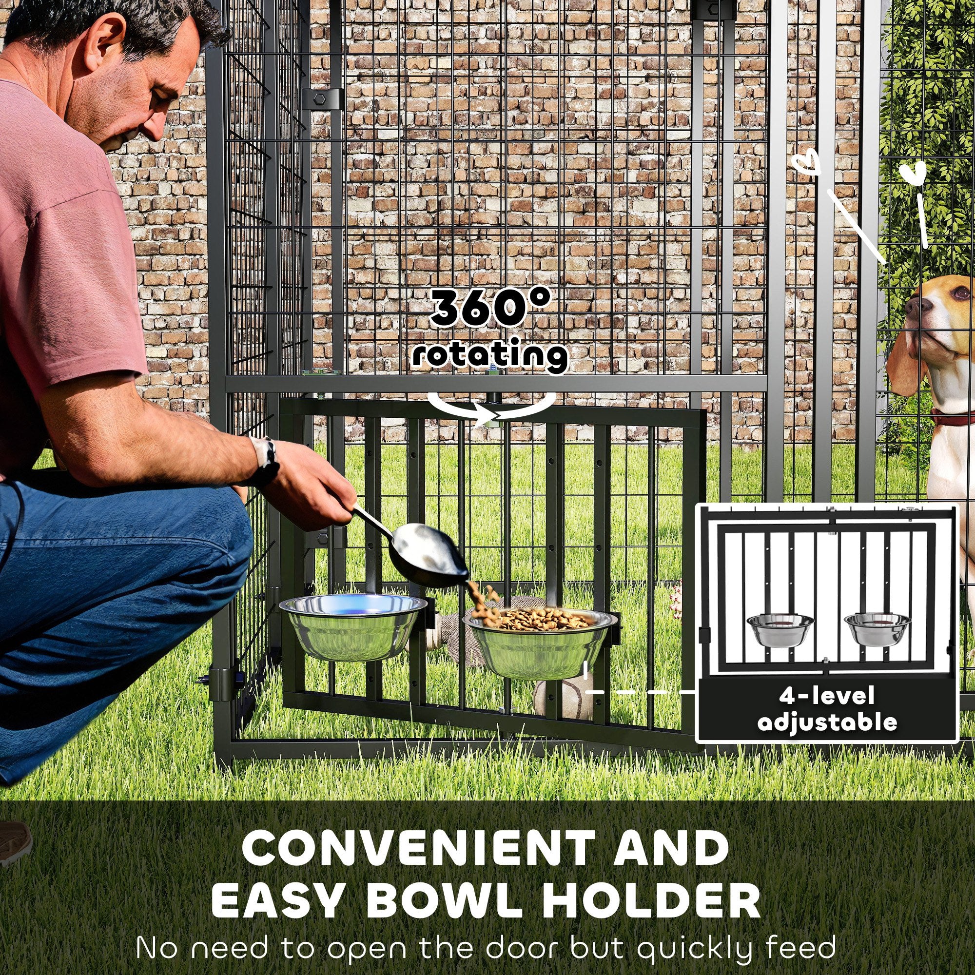Welded Wire Outdoor Dog Kennel with 360° Rotating & 4 Levels Adjustable Bowls, Waterproof Cover, 4.6' x 4.6' x 5'