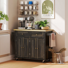 Kitchen Island Cart with Rubber Wood Top, Rolling Kitchen Island Table on Wheels with Drawers, Adjustable Shelves, Spice Rack and Towel Rack for Dining Room, Brown Oak
