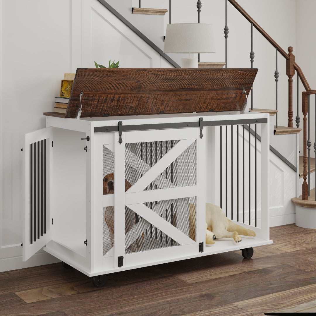47.2 Mobile Dog Crate With Flip-Top Feeding Door, Dual-Access & 5 Caster System 2 Locking, Side Hooks - Multi-Functional Pet Kennel,double Dog Crate Furniture