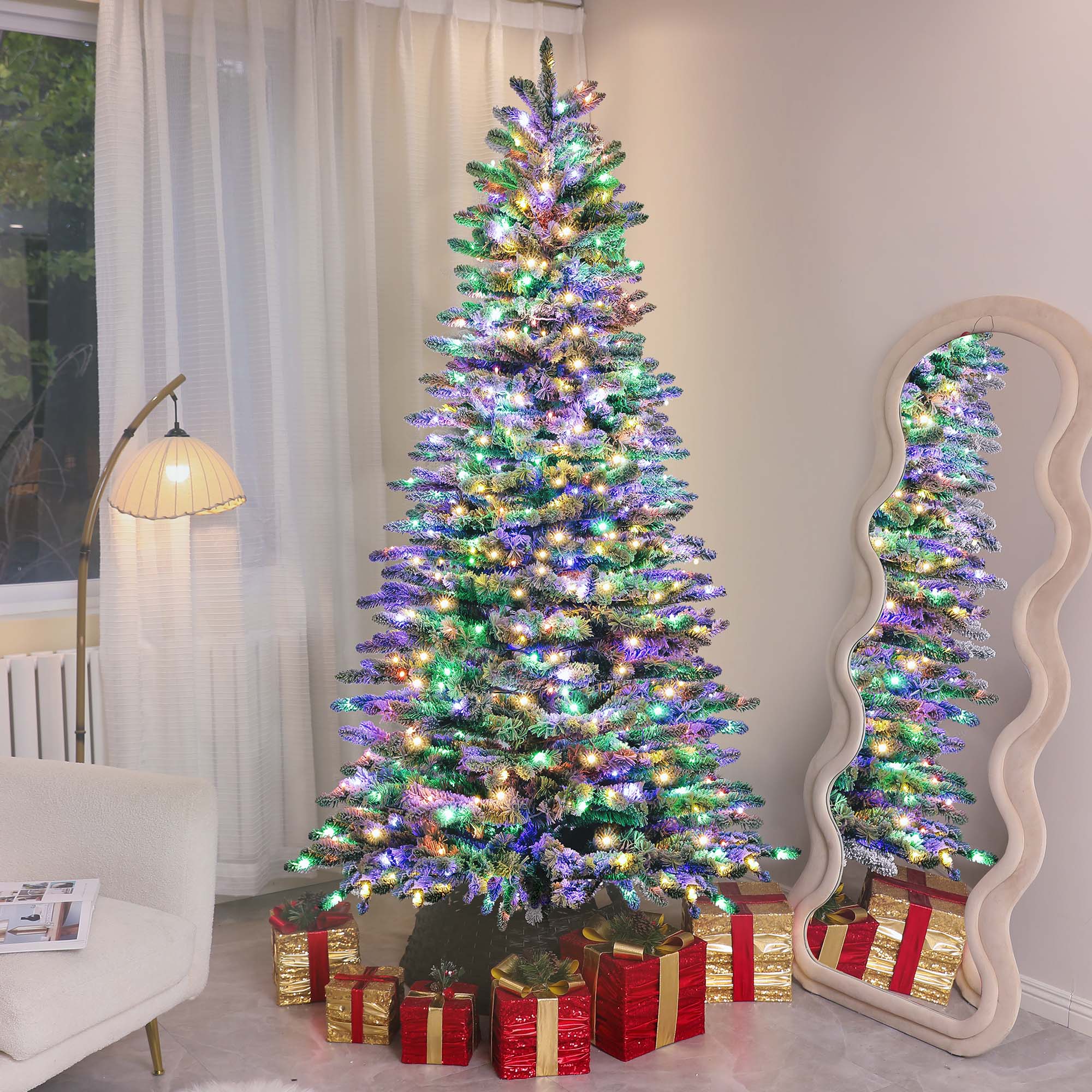 HOMCOM 7.5 Ft Pre-Lit Mountain Pine Artificial Christmas Tree, Snow Flocked Christmas Tree, Hinged Xmas Tree With 500 LED Lights And 1264 Branch Tips For Holiday Party Decoration, Green