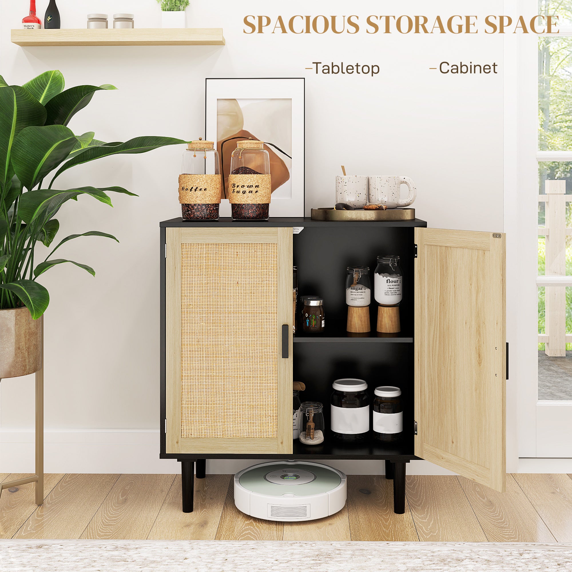 Bohemian Sideboard, 31.5" Buffet Cabinet with 2 Rattan Doors and Shelves for Living Room, Hallway, Black