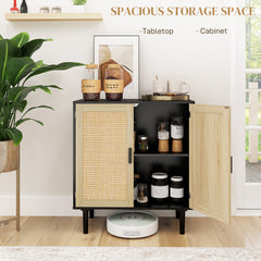 Bohemian Sideboard, 31.5" Buffet Cabinet with 2 Rattan Doors and Shelves for Living Room, Hallway, Black