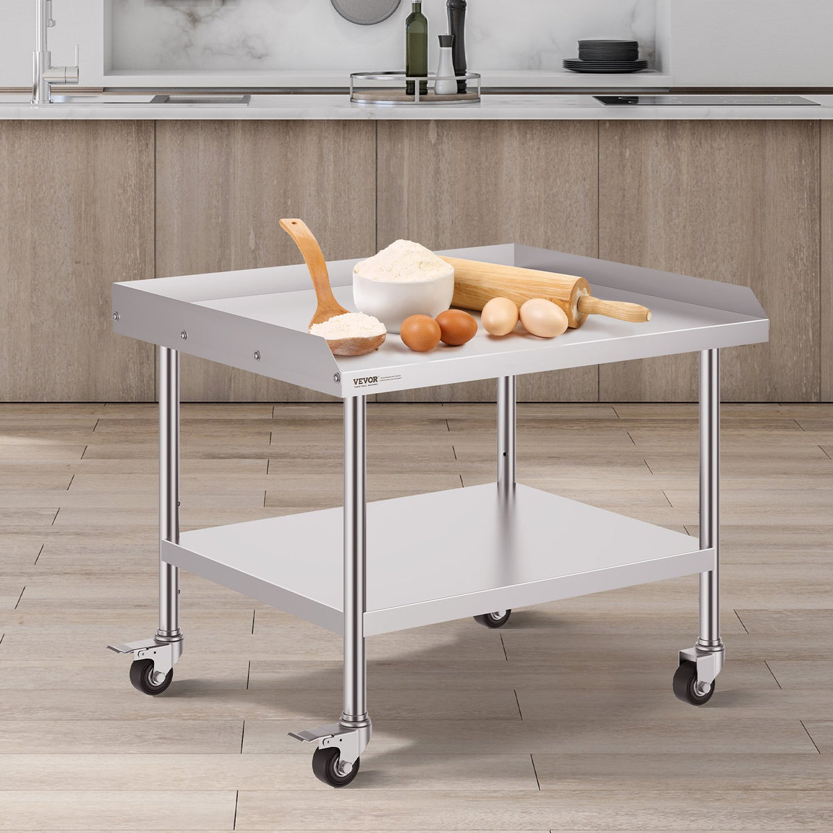 Stainless Steel Work Table, 30 X 36 X 30 Inch Commercial Food Prep Worktable With 4 Wheels, Casters, 3-Sided Backsplash Heavy Duty Prep Worktable, Metal Work Table For Restaurant Home Hotel