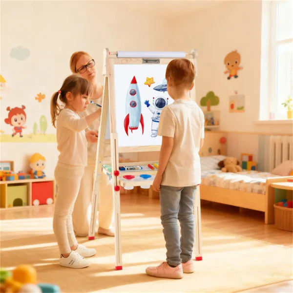 Natural Pine Wood 3-in-1 Kids Art Easel With Magnetic Whiteboard & Chalkboard, Adjustable Height Foldable Drawing Board For Ages 3-14