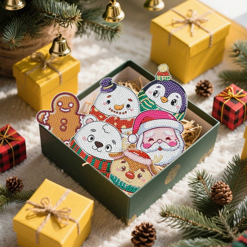 6 Pcs Chirstmas Cartoon Diamond Art Painting Acrylic Garden Stake Craft Ornaments Kits Keychains Refrigerator Fridge Magnets Accessories DIY Full Drill Diamonds Pendants Decor For Xmas Decor