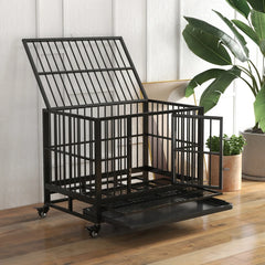 Heavy Duty Dog Crate Metal Cage Kennel With Lockable Wheels, Double Door And Removable Tray, Gray