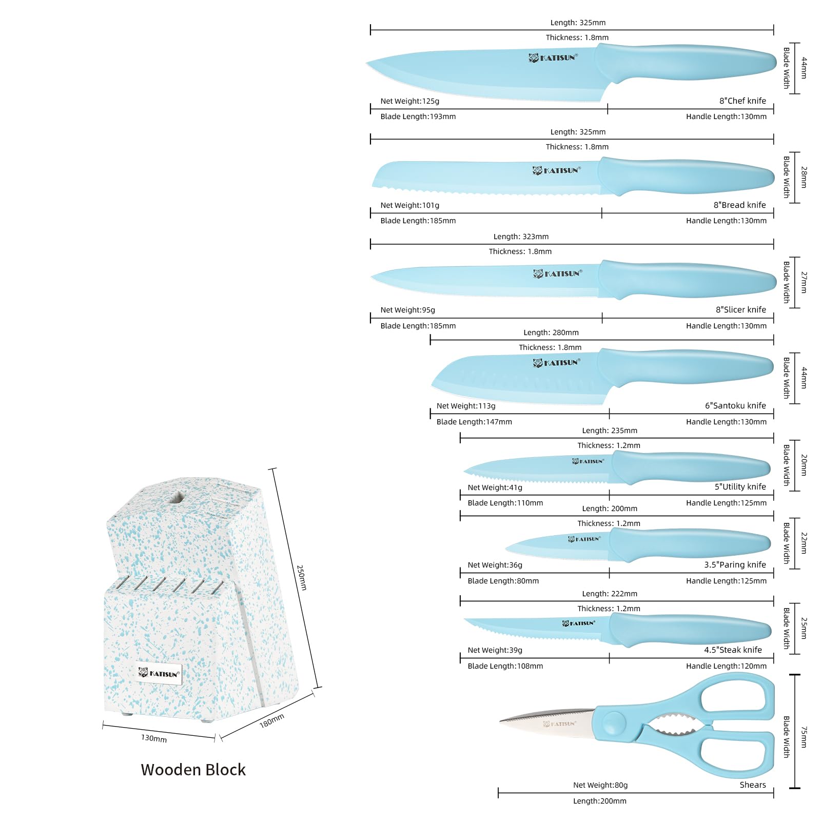 Kitchen Knife Set With Block, 14 Piece BLUE Non-Stick Paint Coating Stainless Steel Knives Set, Anti-Rust And Dishwasher Safe, 12 Knives With Kitchen Shears And Block