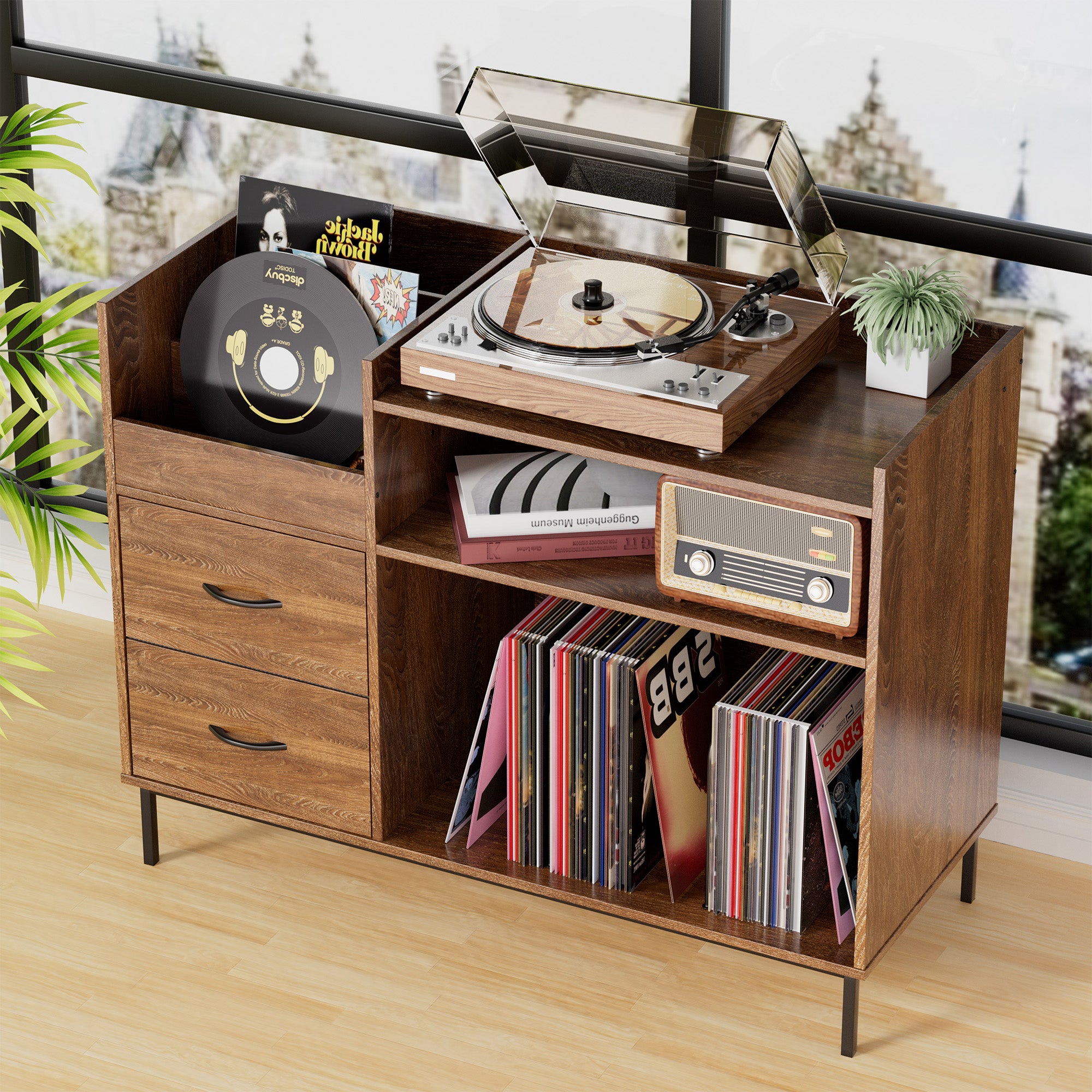 Record Player Stand With Adjustable Shelves, Holds 350 Vinyls, Media Console With Speaker Shelf & 2 Drawers, 27.6 Turntable TV Stand For Living Room, Bedroom, Some Assembly Required