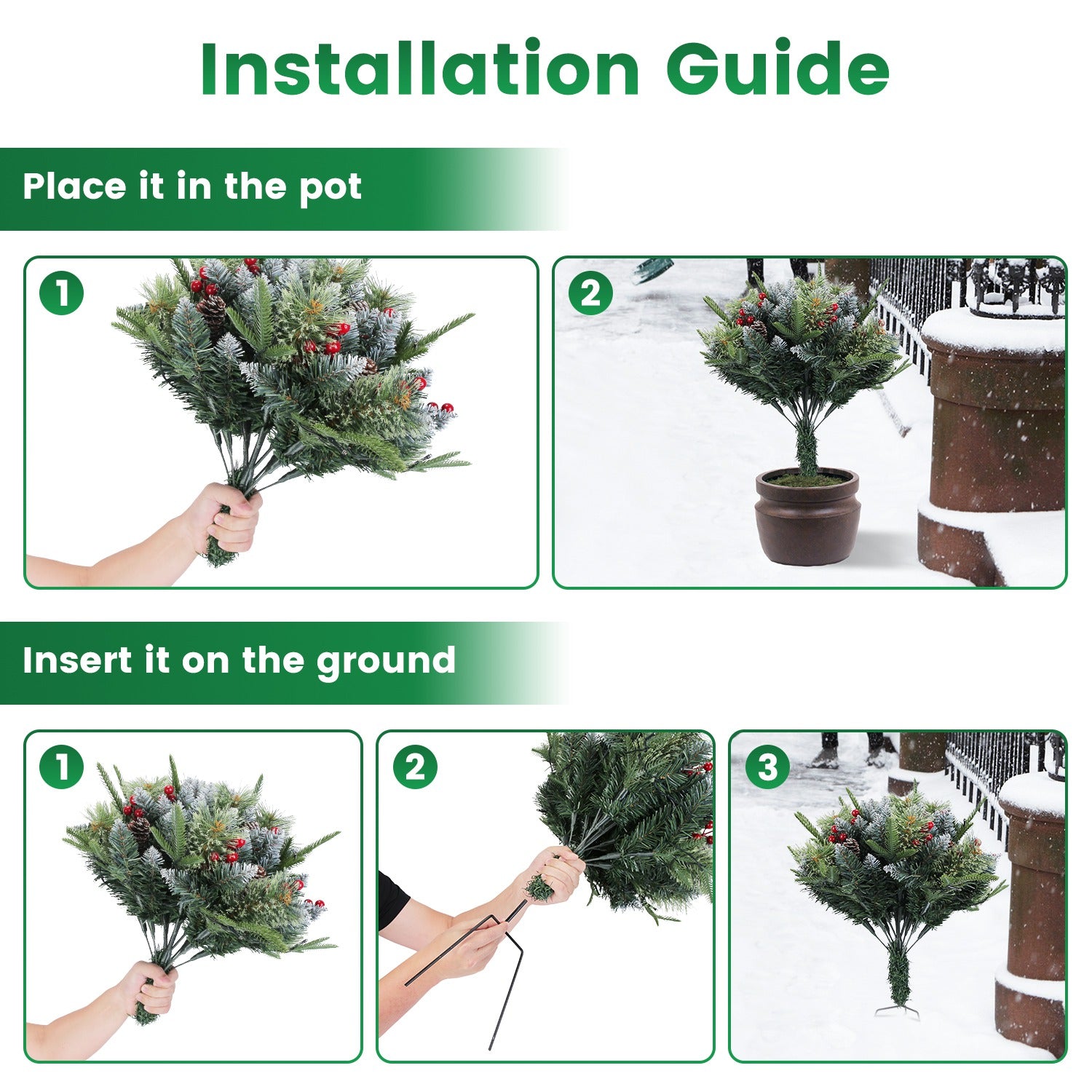 2Pcs Christmas Tree Urn Filler With Light Artificial Lighted Xmas Trees Light With Cones Berries Holiday Planter Filler LED Pathway Pine Tree IP44 Waterproof With Tripod Stake 50 Beads