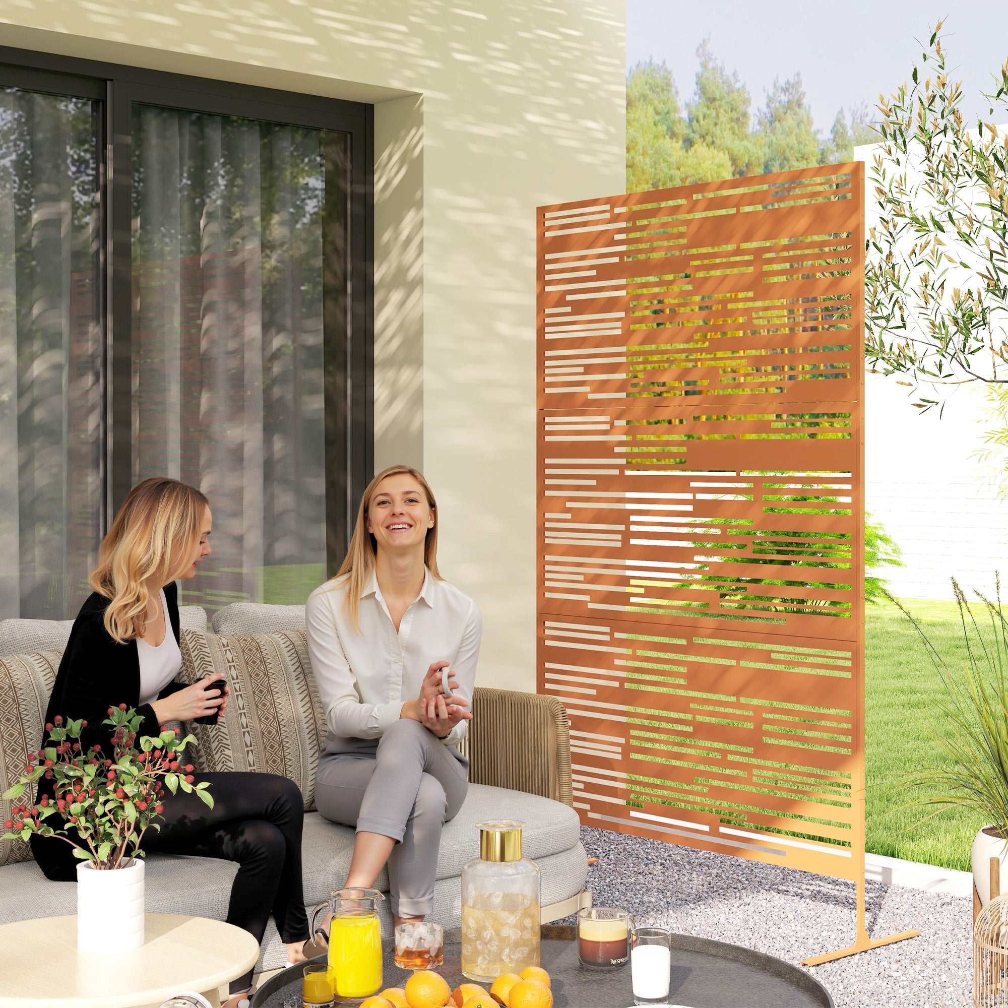 78 H X 48 W Metal Outdoor Privacy Screen, Freestanding Decorative Privacy Fence Screen For Balcony, Brown