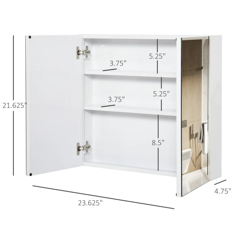 Kleankin Bathroom Mirrored Cabinet, Steel Frame Medicine Cabinet, Wall-Mounted Storage Organizer With Double Doors, White