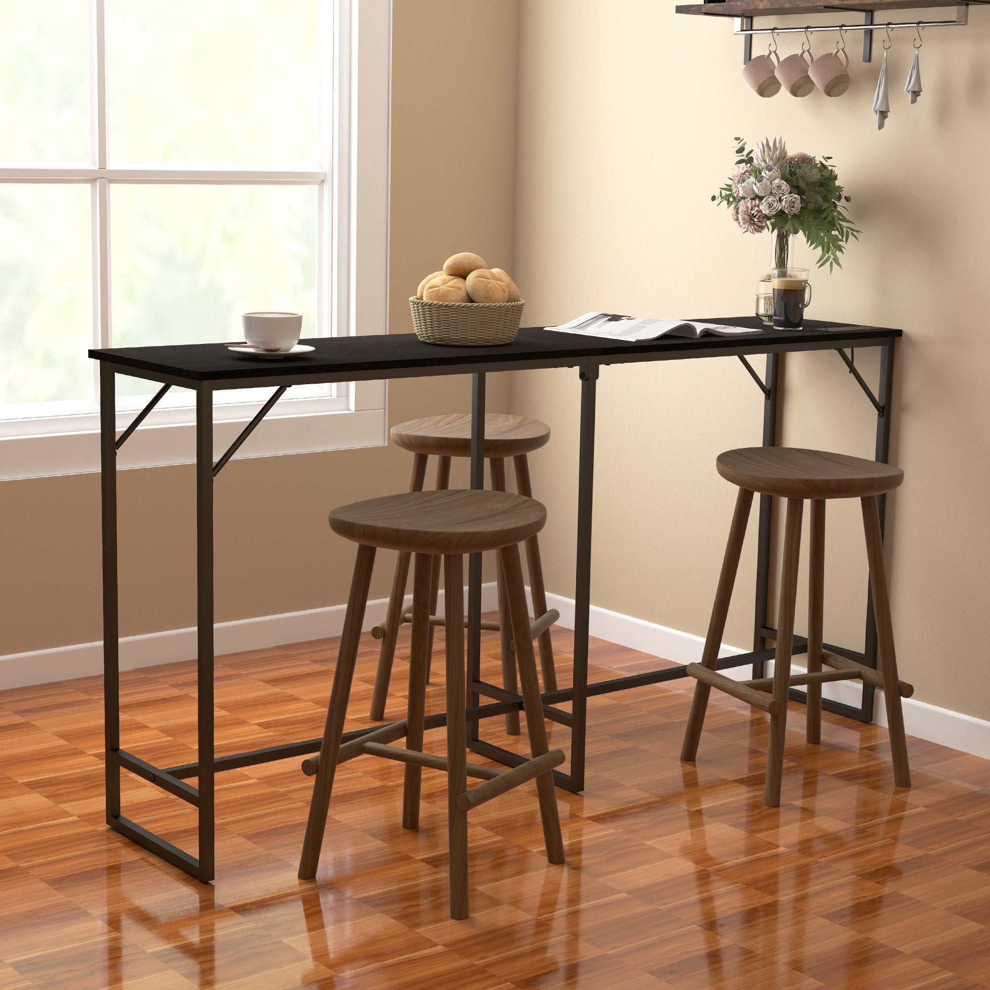 70" Bar Table with Charging Station, Industrial Rectangular Bar Height Pub Table with Steel Frame, Black Wood Grain