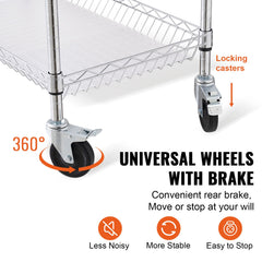 3-Tier Utility Cart Rolling Cart On Wheels 40.5'x17.7'x40.9' 661 LBS 6 Hooks
