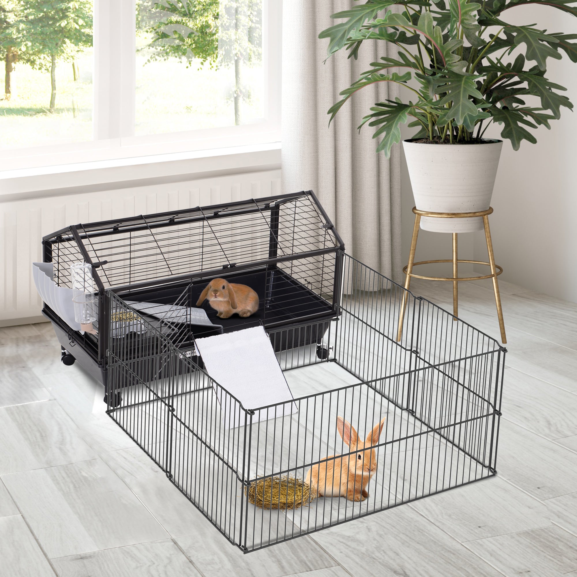 Rolling Metal Rabbit, Guinea Pig, or Small Animal Hutch Cage with Main House and Run