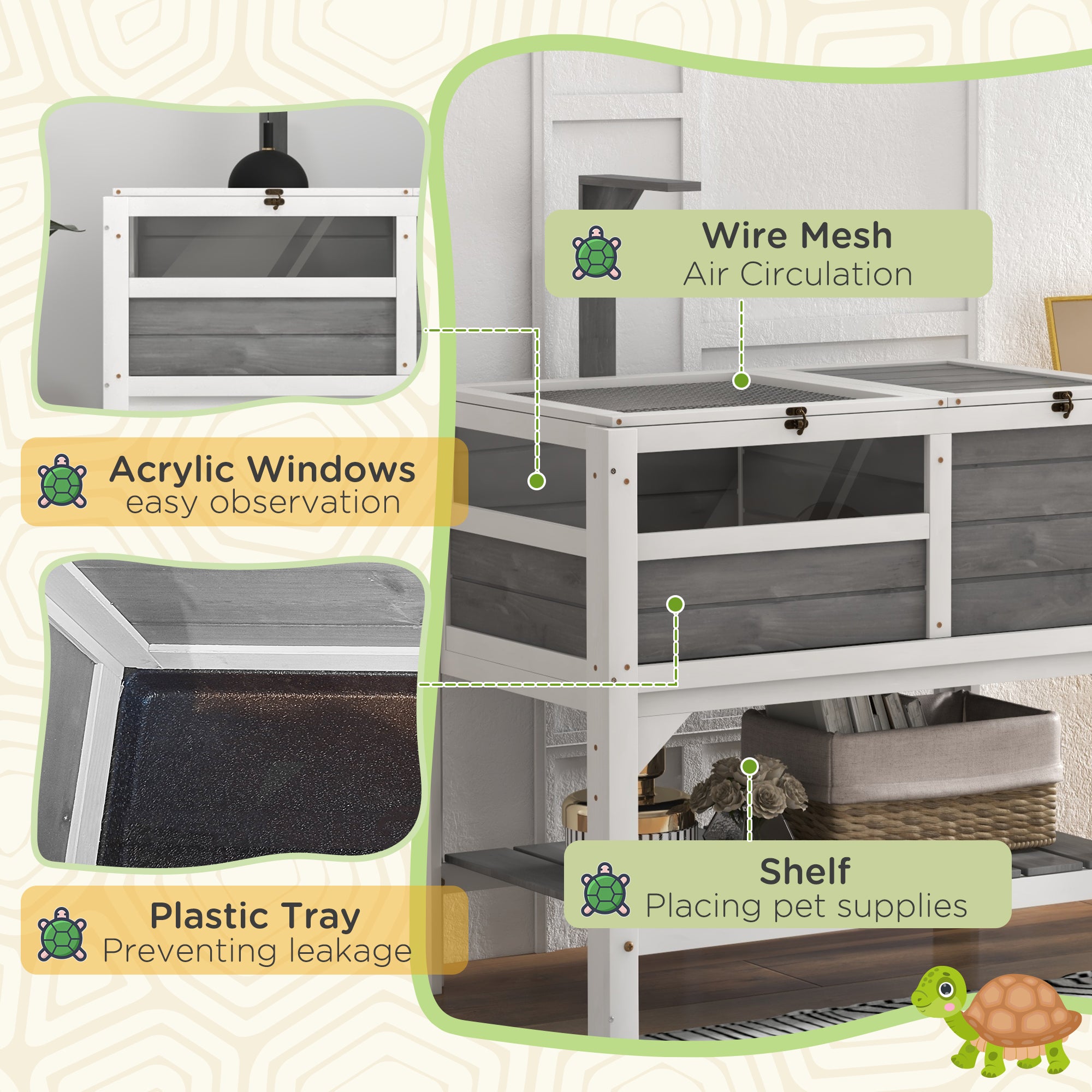 Tortoise Habitat with Shelf Storage Tortoise Gift Accessory with Weather Protection for Indoor, Light Gray