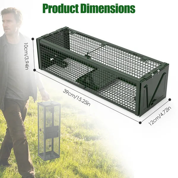 2Pack 15.35x4.72x3.94in 2-Door Humane Live Rat Trap Galvanized Iron Rodent Trap Cage Reusable For Home Garden Farm Warehouse
